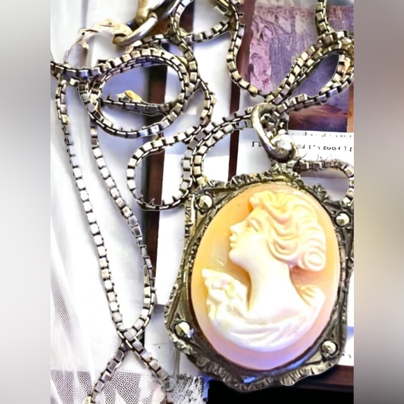 Antique 800 sterling silver shell cameo marcasite necklace Marcasite - Picture 3 of 12